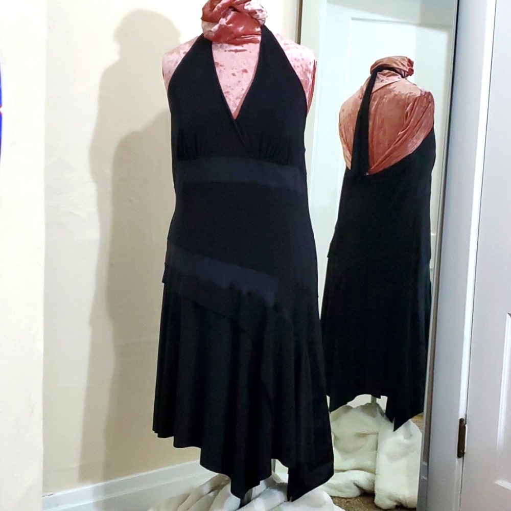black backless adjustable neck sleeveless asymmetrical handkerchief dress 1X